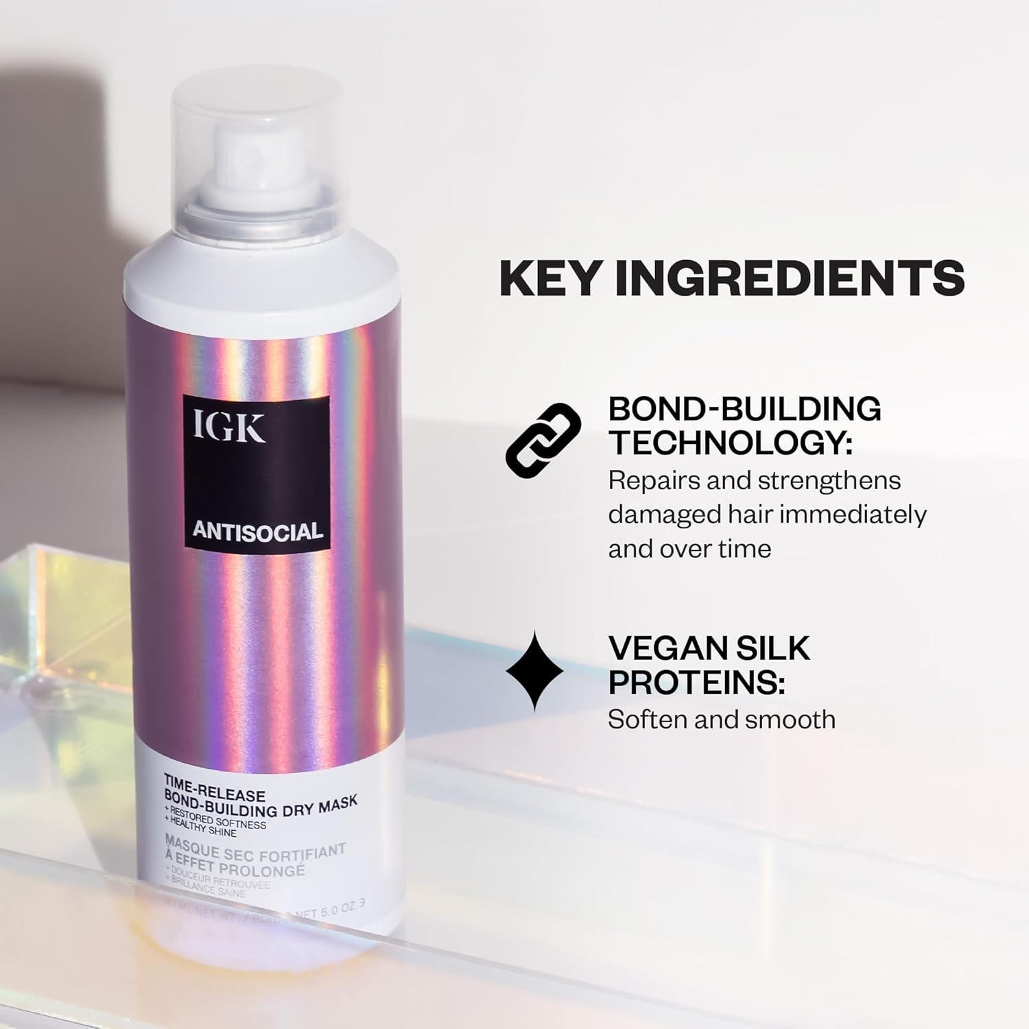 imageIGK Antisocial BondBuilding Dry Hair Mask overnight dry hair mask for damaged hair revive healthy hair hair treatment product for hair breakage vegan protein treatment 5 OzAntisocial Dry Hair Mask