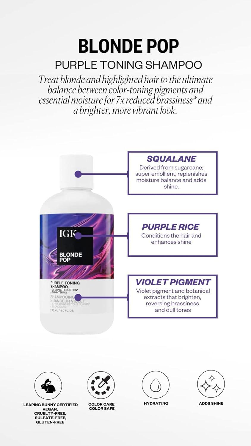 imageIGK BLONDE POP Purple Toning Shampoo Brighten Neutralize Brass Vegan Cruelty Free 8 Oz338 Ounce Pack of 1
