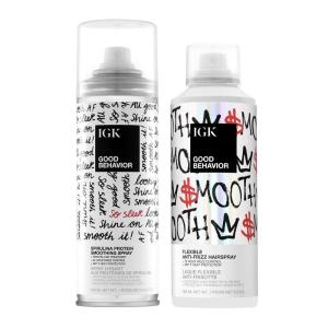 IGK Good Behavior Hair Styling Bundle – Spirulina Protein Smoothing Spray (5.6 oz) + Flexible Anti-Frizz Hairspray (5 oz) – 72-Hour Frizz Control, 450°F Heat Protection, Sleek Finish & Shine